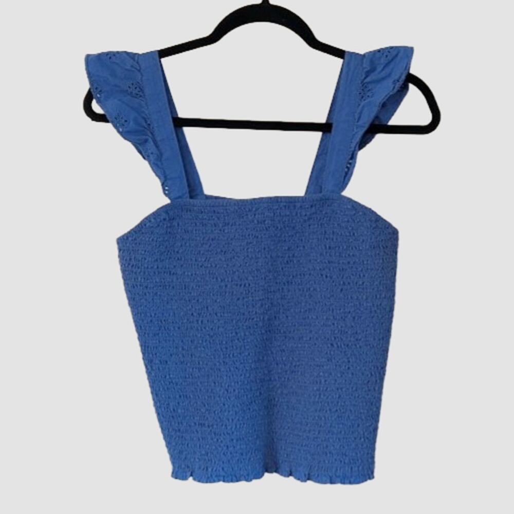 Old Navy Blue Smocked Crop Top Large Eyelet Ruffle Strap Cottagecore Coastal